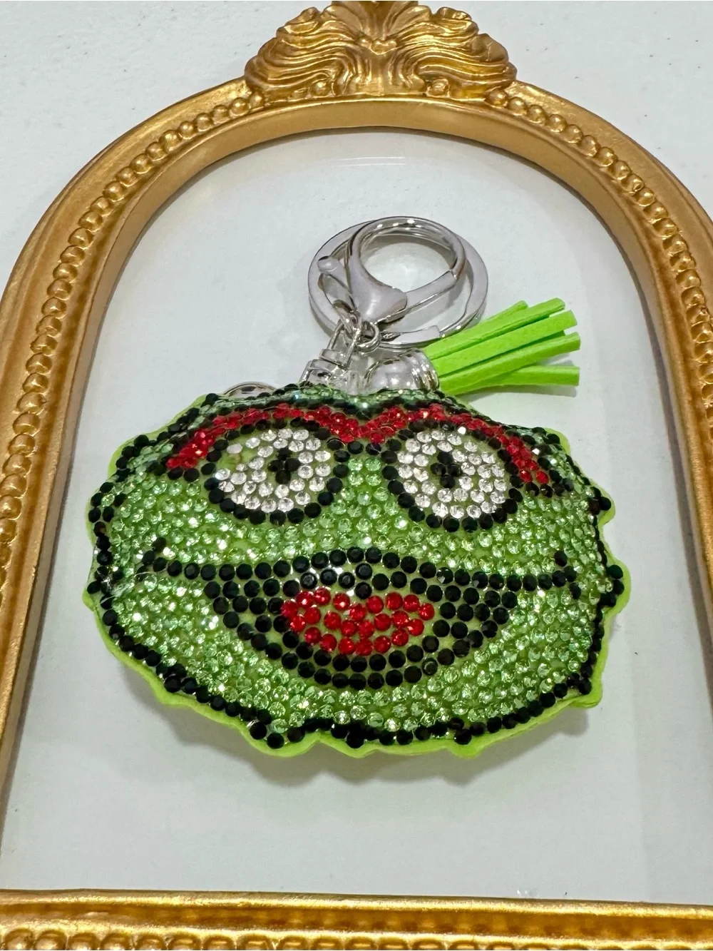New Oscar the Grouch Green Crystal Smiley Face Keychain with Tassel